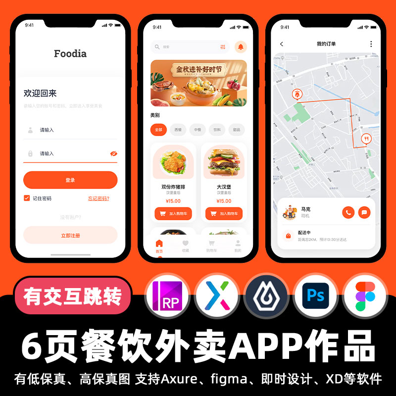 6页餐饮外卖配送APP即时设计交互跳转Figma作业Axure原型psd素材