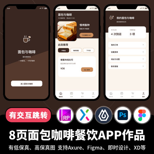 8页figma即时设计jsd面包咖啡餐饮预定Axure交互原型APP作品xd/ps