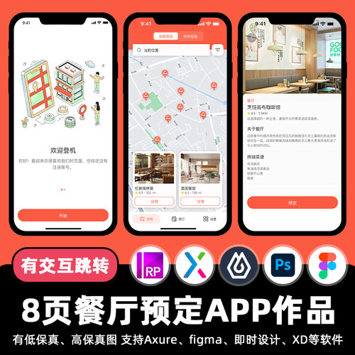 8页餐厅搜索预定APP即时设计交互跳转Figma作业Axure原型psd素材