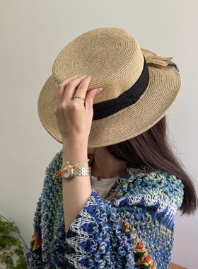 法式度假草帽平顶礼帽平檐遮阳防晒帽子海边女士草编太阳帽显脸小