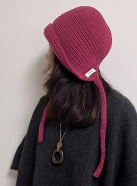 浆果梅子色100％wool羊毛帽兜针织帽女长辫护耳帽独特漂亮的帽子
