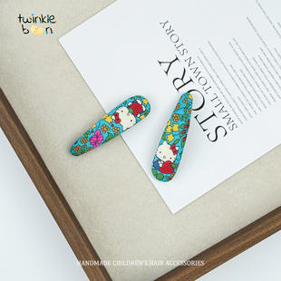 新款 猫咪KITTY蓝色系儿童布艺格纹发夹BB夹女童手工百搭发夹发饰