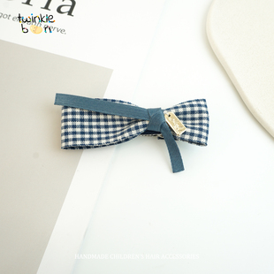 学院风千鸟格蝴蝶结领结儿童发夹女藏蓝色系带百搭宝宝发夹鸭嘴夹