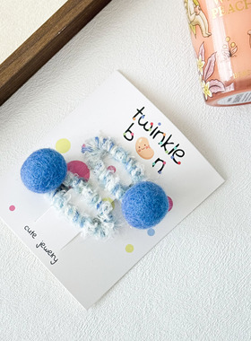 韩国东大门蓝色毛球发圈可爱宝宝发绳儿童公主头饰小女孩超仙发饰