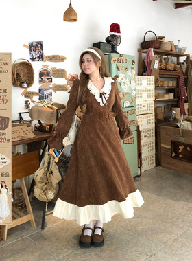 安妮不火复古雪尼尔拼接长裙女2025冬季新款微胖大码设计感连衣裙