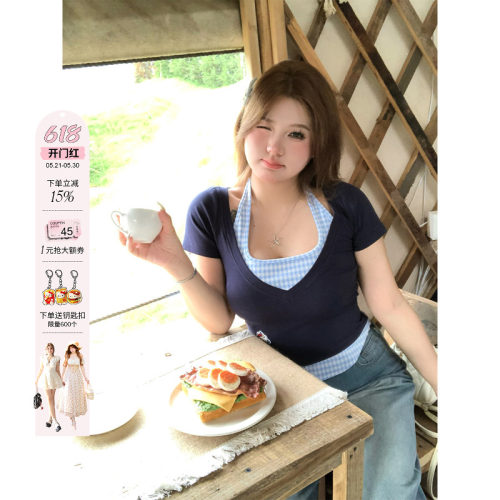 安妮不火 高甜汽泡雨撞色格纹挂脖针织T女微胖大码收腰短袖小上衣