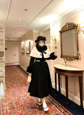 安妮不火 千金风呢子连衣裙&钉珠斗篷套组女微胖大码气质两件套装