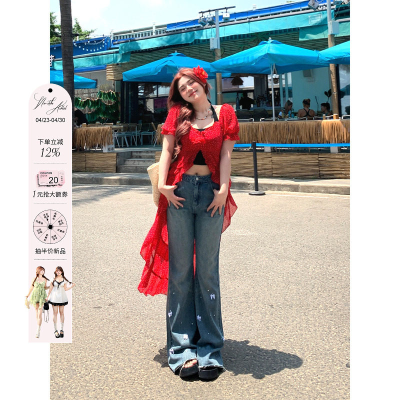 安妮不火度假风开叉红色连衣裙女2026夏季新款微胖大码不规则裙子