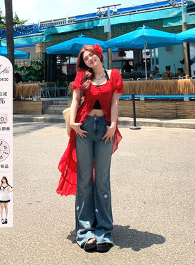 安妮不火度假风开叉红色连衣裙女2026夏季新款微胖大码不规则裙子