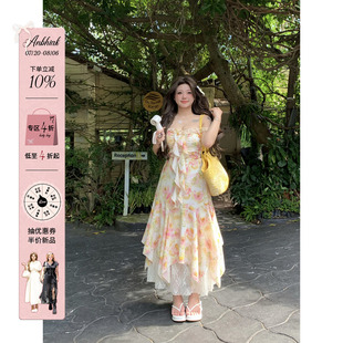 微胖大码 安妮不火度假风蕾丝拼接碎花裙女2025春夏新款 荷叶边长裙