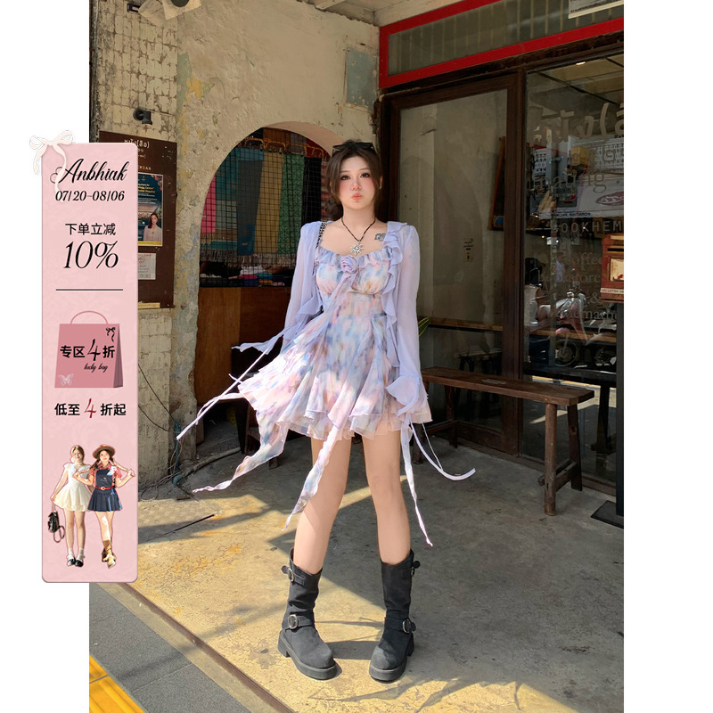 安妮不火 氛围感油画碎花雪纺裙女2025春夏新款微胖大码吊带裙子