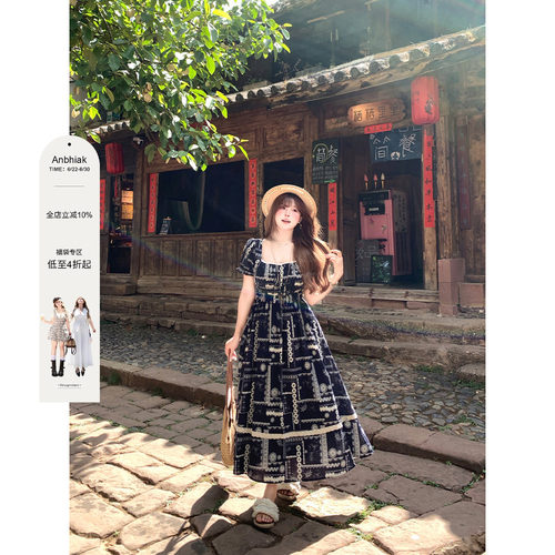 安妮不火 棉制格纹橡筋腰蕾丝花边连衣裙女微胖大码收腰显瘦裙子