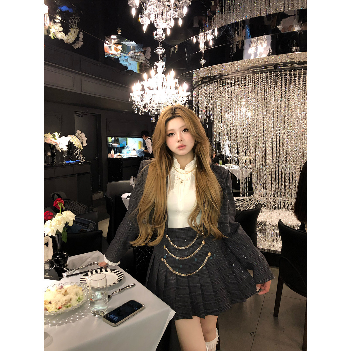 安妮不火星夜笔记小香风套装女微胖大码细闪千鸟格西装百褶裙套组