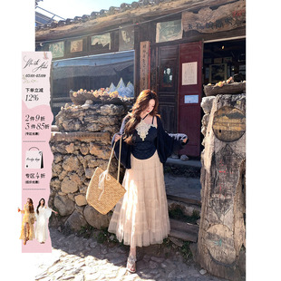 安妮不火 提花蕾丝吊带+网纱亮片半裙套组微胖大码渡假风三件套装