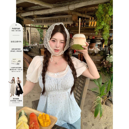 安妮不火 温柔系棉感花边假两件碎花上衣女微胖大码甜美收腰小衫