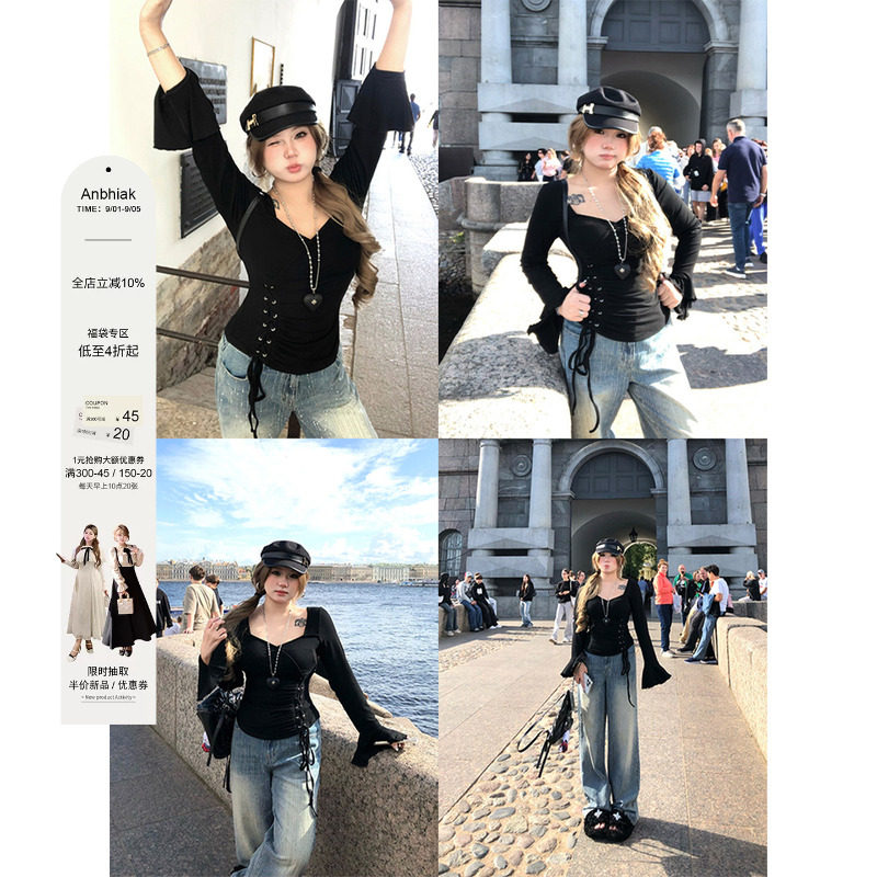 安妮不火 绝美荷叶袖绑带T恤女秋冬新款微胖大码手工缩褶纯欲上衣图片