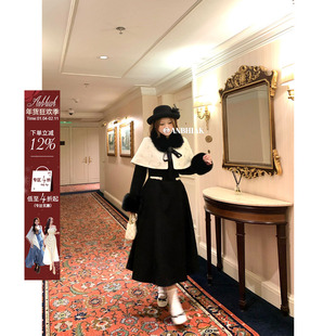 安妮不火 千金风呢子连衣裙&钉珠斗篷套组女微胖大码气质两件套装