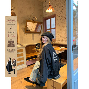 寬松顯瘦外套 安妮不火oversize格紋拼接凱蒂貓涂鴉夾克女微胖大碼