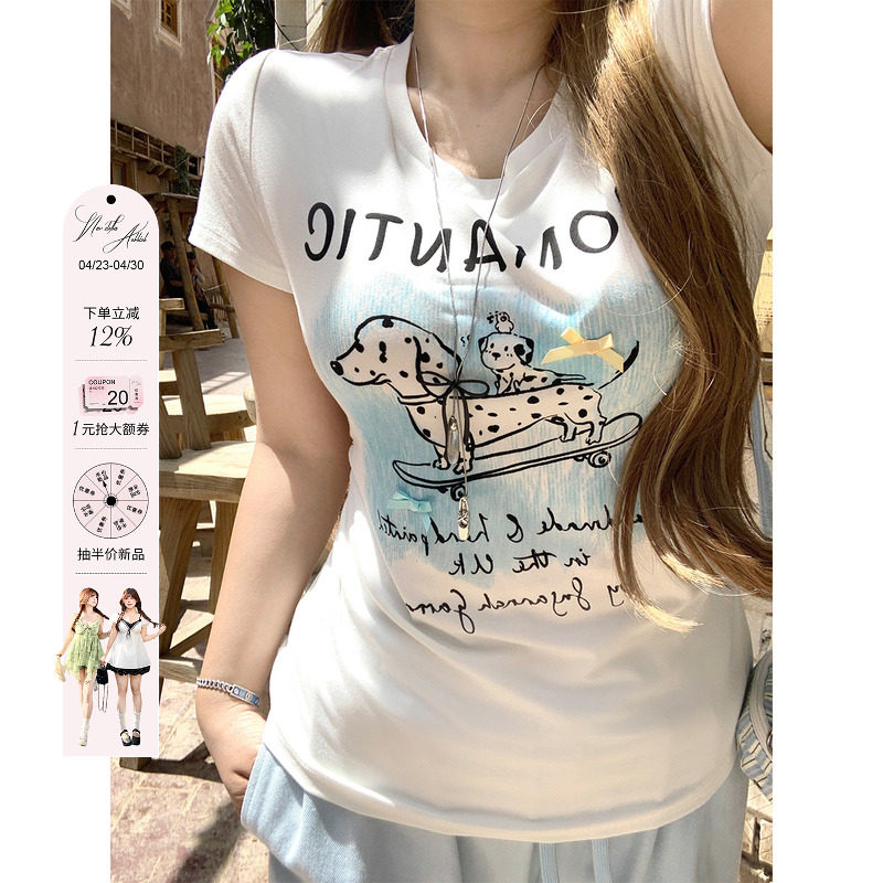 安妮不火 氣水海盐番甜酷斑点狗印花T恤女夏微胖大码收腰短袖上衣