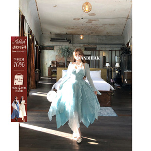 安妮不火 青杼纨扇荷叶边晕染网纱吊带裙女微胖大码仙女裙两件套