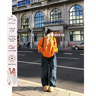 街头牛仔裤 安妮不火时髦慵懒感洗水做旧经典 美式 女微胖大码 弯刀裤