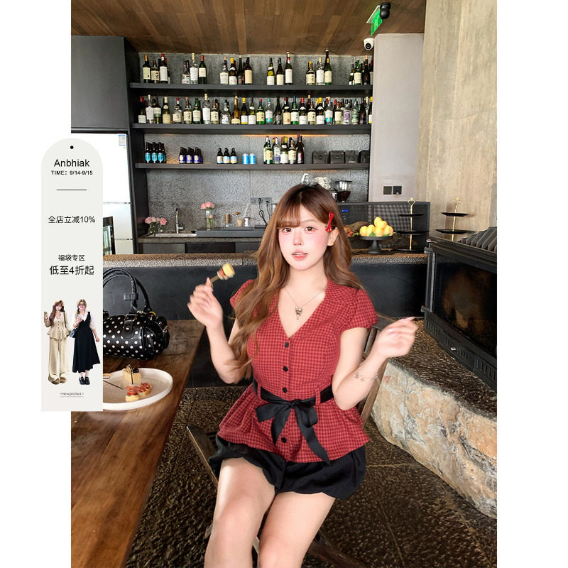 安妮不火 100%棉蝴蝶结绑带格子收腰衬衫女微胖大码短款上衣衬衣图片