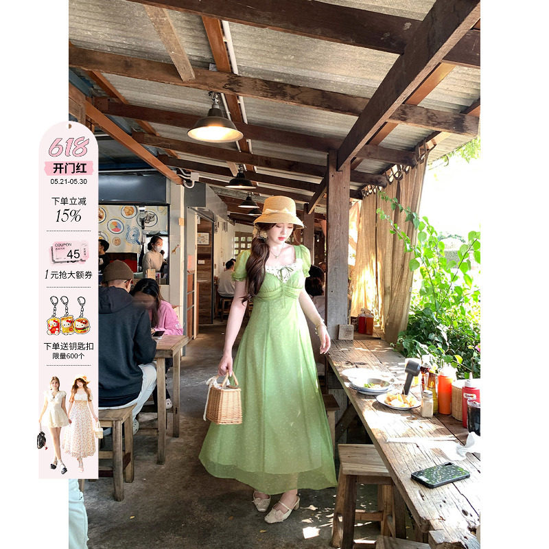 安妮不火高腰线蕾丝花边领碎花雪纺连衣裙女微胖大码显白收腰长裙