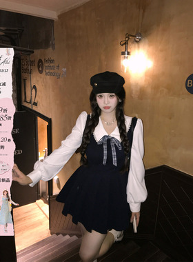 安妮不火 学院风TR面料娃娃领百褶连衣裙女微胖大码收腰公主短裙