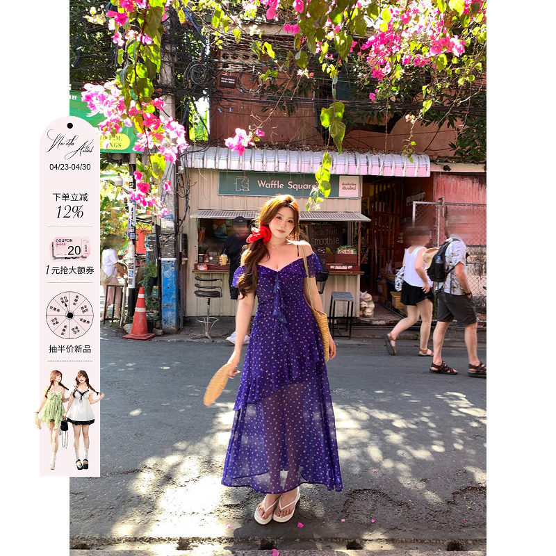 安妮不火 一字肩蕾花边领雪纺印花度假裙女微胖大码收腰吊带长裙