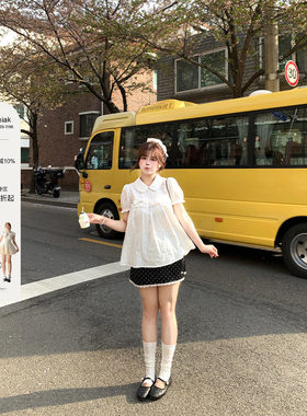安妮不火 100%棉提花肌理娃娃领花边衬衫女微胖大码可爱风小衬衣