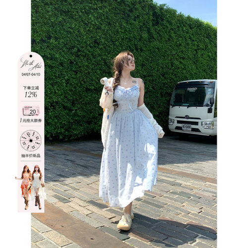 安妮不火 甜美海边度假风木耳边碎花吊带裙女微胖大码温柔连衣裙