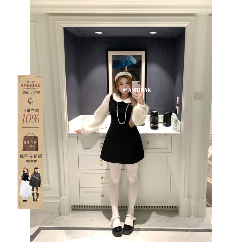 安妮不火 撞色微米短绒拼接呢子连衣裙女微胖大码假两件收腰裙子