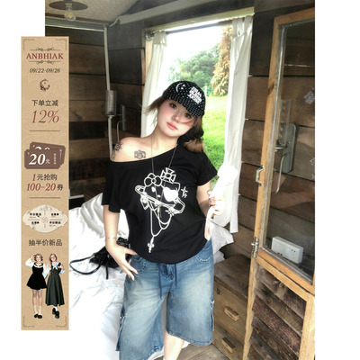 安妮不火 喵语连篇两色入！kitty印花T恤女微胖大码显瘦斜肩上衣