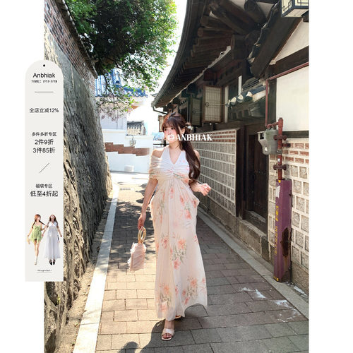 安妮不火 素雅国风弹力网纱印花挂脖连衣裙女微胖大码新中式长裙