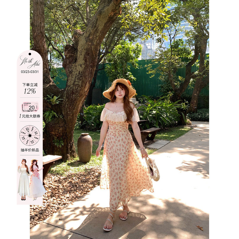 安妮不火 蕾丝花边领鱼骨收腰碎花连衣裙女微胖大码甜美系公主裙