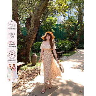 安妮不火 甜美系公主裙 蕾丝花边领鱼骨收腰碎花连衣裙女微胖大码