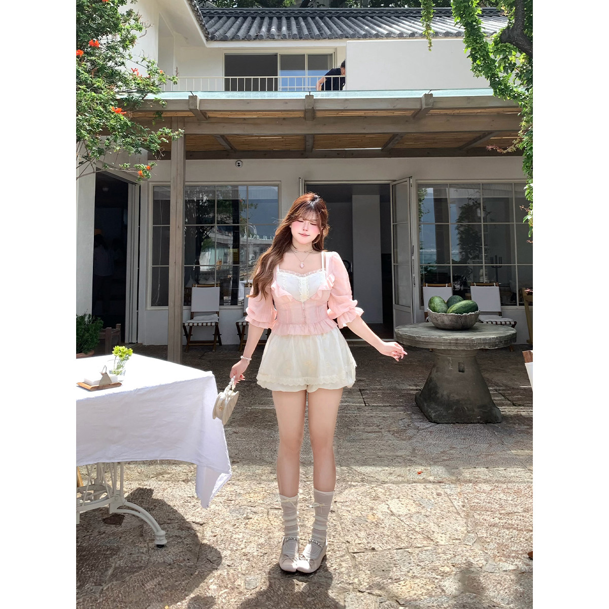 安妮不火 雪纺衫&吊带&裤裙少女风三件套女微胖大码甜美减龄套装