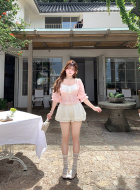 安妮不火 雪纺衫&吊带&裤裙少女风三件套女微胖大码甜美减龄套装
