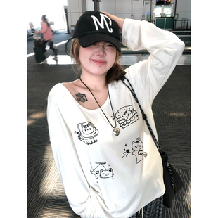 安妮不火 慵懒风宽松趣味印花T恤女2025秋季新款微胖大码长袖上衣