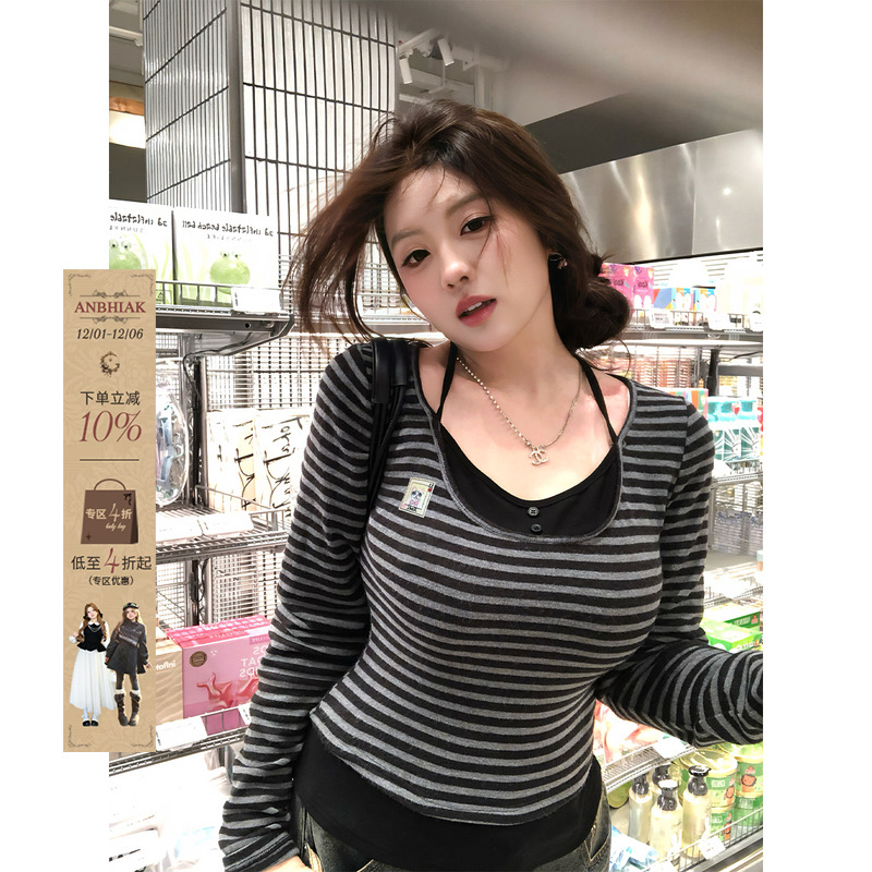 安妮不火小猫章仔撞色条纹绑带针织衫女微胖大码收腰显瘦长袖上衣