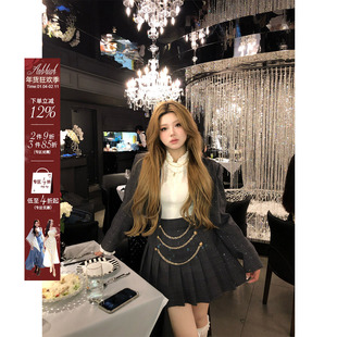 安妮不火星夜笔记小香风套装女微胖大码细闪千鸟格西装百褶裙套组