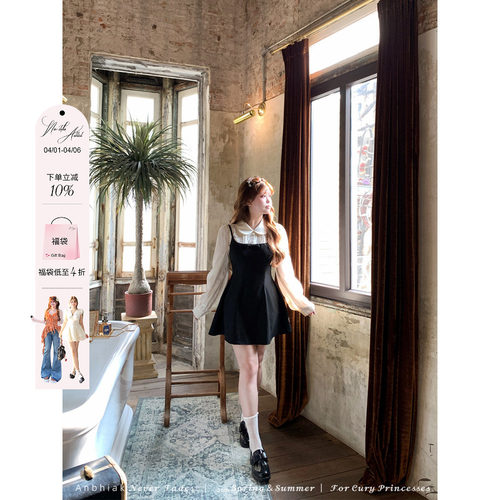 安妮不火 臻版4.0TR面料假两件宫廷小黑裙女微胖大码学院风收腰裙