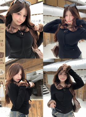 安妮不火 豹纹拼接高弹双面磨毛针织T恤女微胖大码绑带长袖上衣