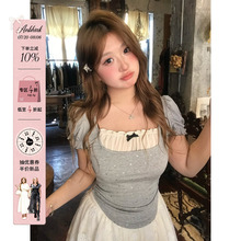 安妮不火 利兹衫诗 甜美蝴蝶结撞色针织T恤女微胖大码短袖小上衣