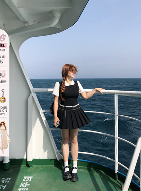 安妮不火济州文学系学院风假两件连衣裙女微胖大码韩版女主小黑裙