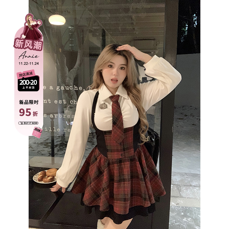 安妮不火 美式复古学院风收腰显瘦挂脖格子连衣裙甜辣两件套套装