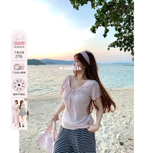 安妮不火 100%莱赛尔收褶圆领高弹针织T恤女微胖大码收腰显瘦上衣