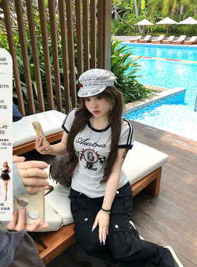 安妮不火 诺丁汉8号赛车元素印花圆领T恤女微胖大码美式短袖上衣