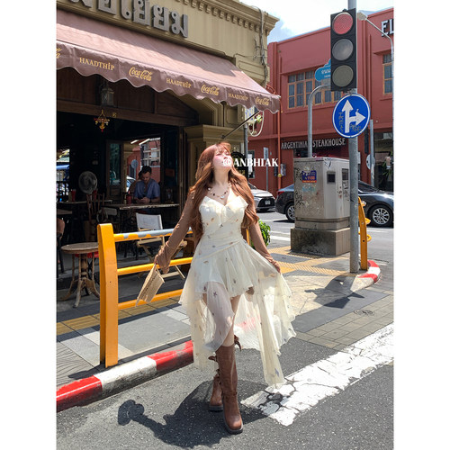 安妮不火 波西米亚风贝壳印花雪纺吊带裙女微胖大码度假风连衣裙