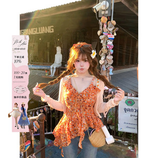 安妮不火 泡泡雪纺纱不规则荷叶边碎花吊带女微胖大码设计感小衫